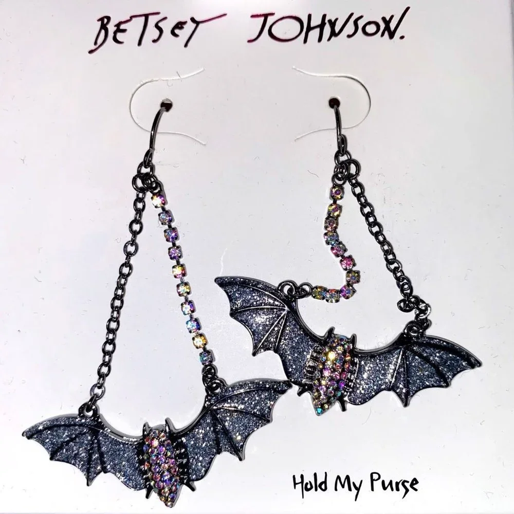 Betsey Johnson Halloween Iridescent Rhinestone Bat Goth Costume Earrings - Picture 1 of 6